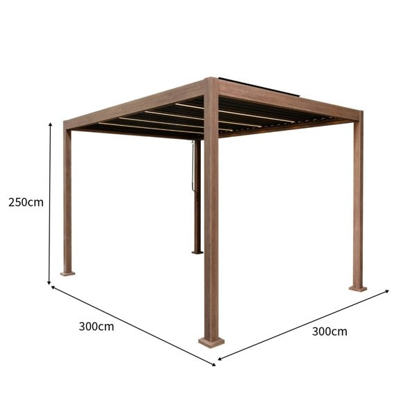 Wood effect aluminium pergola measuring 3m x 3m, featuring a sleek design with LED lights and sturdy support beams