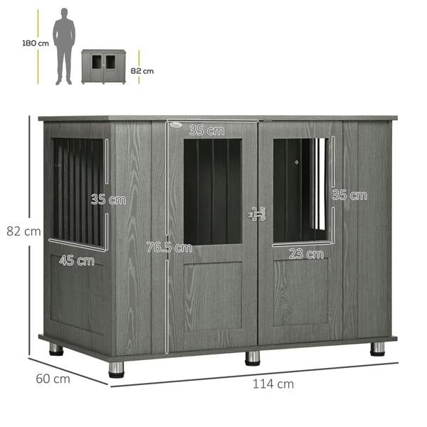 Grey dog crate table with magnetic front double door and overall size layout
