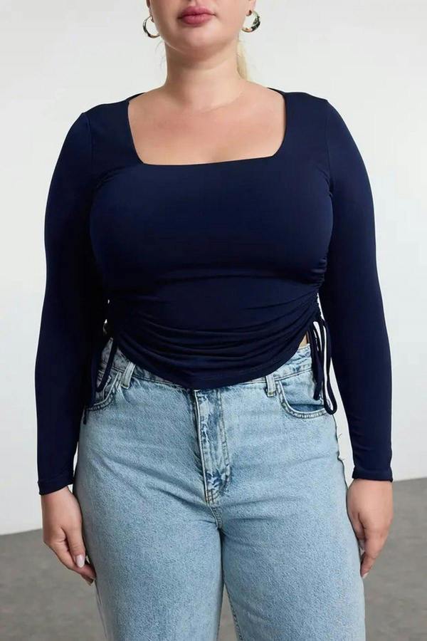 WOVCOR Square Neck Plus Size Knitted Blouse with Gathered Sides