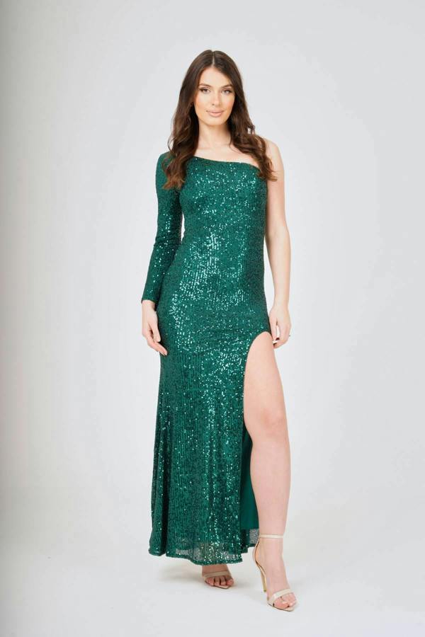 LuvForever Long One Sleeve One Shoulder Side Split Sequin Maxi Dress