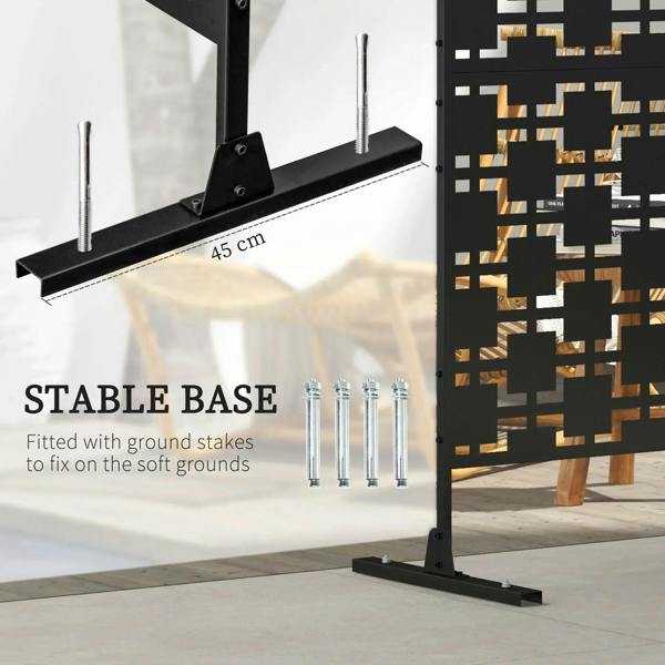 Black metal privacy screen divider with stable base and ground-stake mounting