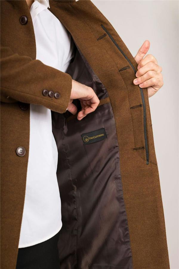 Infinity Leather Men's Brown Stand Collar Wool Blend Overcoat