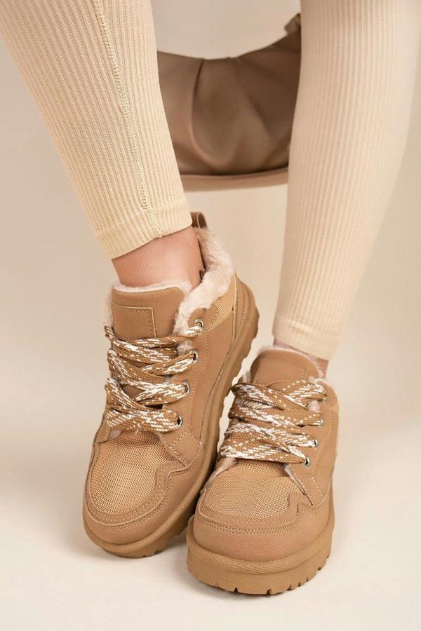 Leiza Chunky Lace Up Faux Fur Trainers - Camel