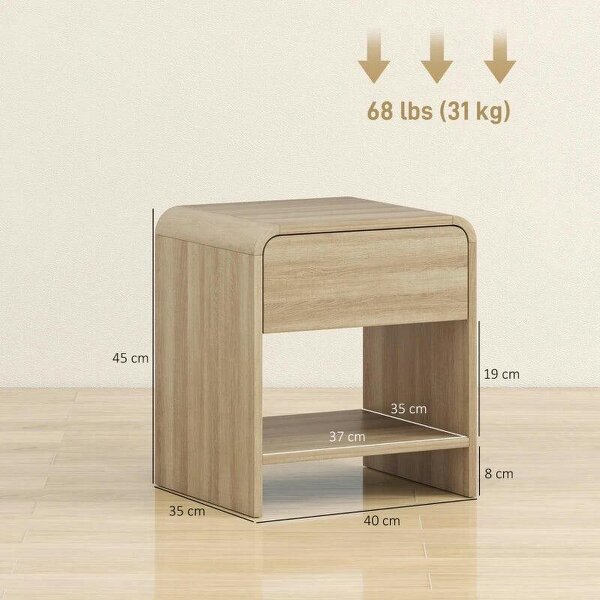 Bedside Tables Set of 2, Nightstands with Rounded Corners, Modern Side Table with Silent Drawer for Bedroom, Natural