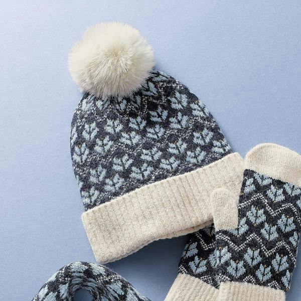 Pia Geometric Knit Hat, Navy Bobble Hat with Faux Fur Pompom