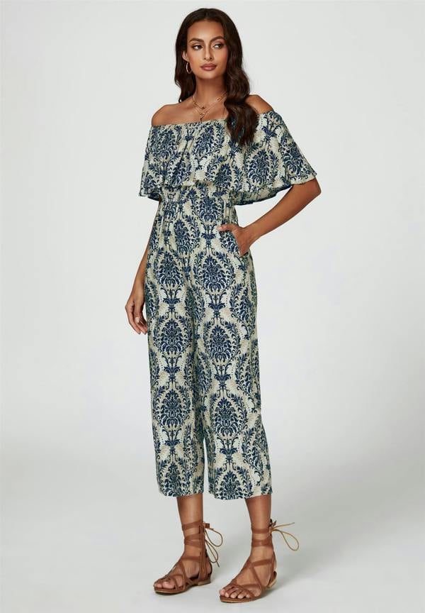 FS Collection Off The Shoulder Print Frill Jumpsuit In Navy