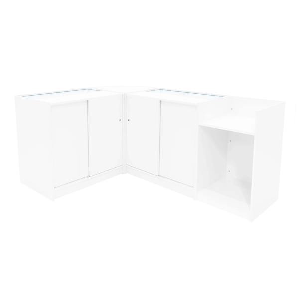White Phoenix LED Shop Counter Set featuring sleek design with glass display tops, storage cabinets, and open shelving for versatile use