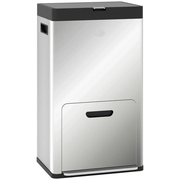 Silver triple-compartment stainless steel kitchen bin with swing lid and black handle