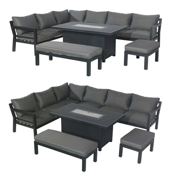 Furniture One Outdoor Gas Fire Pit 8 Seater Dining Table Set, Corner Sofa with Soft Cushions & 2 Benches