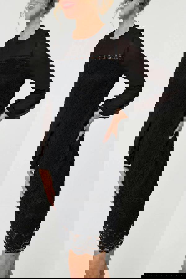 Black | Semi Sheer Lace Trim Short Dress