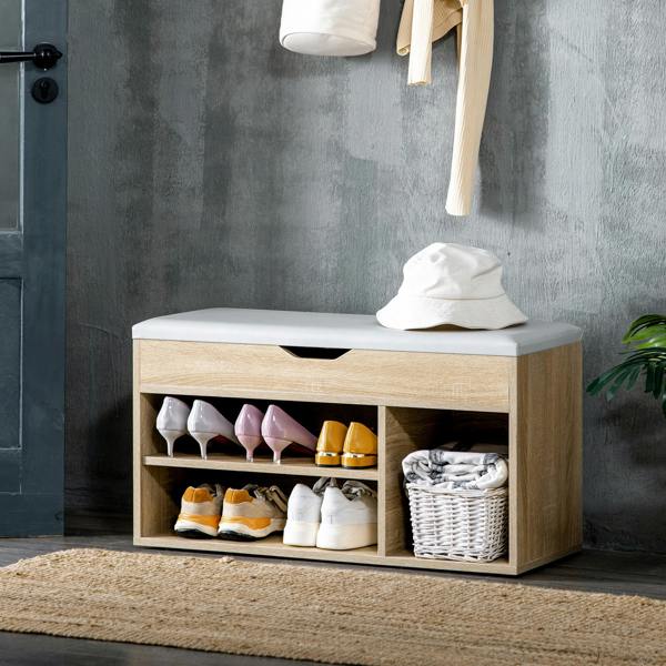 HOMCOM Sit-On Shoe Storage Unit w/ Hidden Compartment Handles Grey, Oak - Oak - 80cm×30cm×45cm
