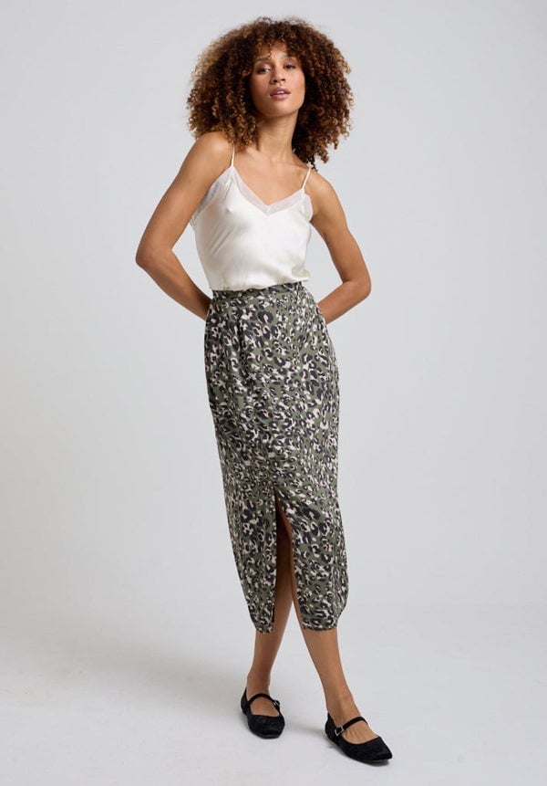 Grace Khaki Cat Midi Skirt in Green