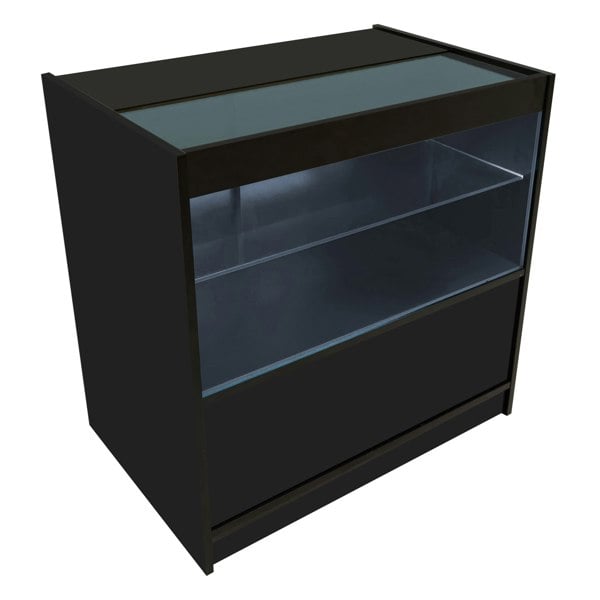 Black Adonis LED shop counter set featuring a sleek design, glass top, illuminated shelves, and modern aesthetic for retail display