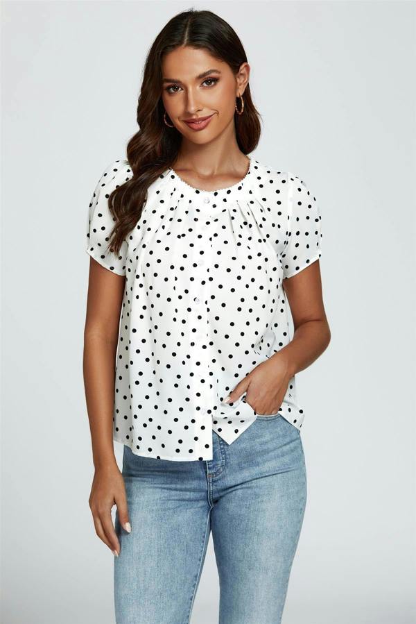 FS Collection Dot Print Short Sleeves Top In White