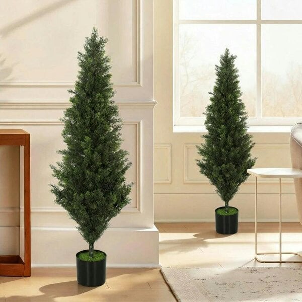 Set of 2 Decorative Artificial Plants Cypress in Weighted Pot, Fake Plant with 1092 Leaves, 120 cm