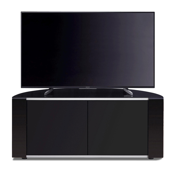 MDA Designs Sirius 850 Remote Friendly BeamThru Glass Door Gloss Black with Silver Trims Cabinet up to 40" LCD/Plasma/LED TV Stand