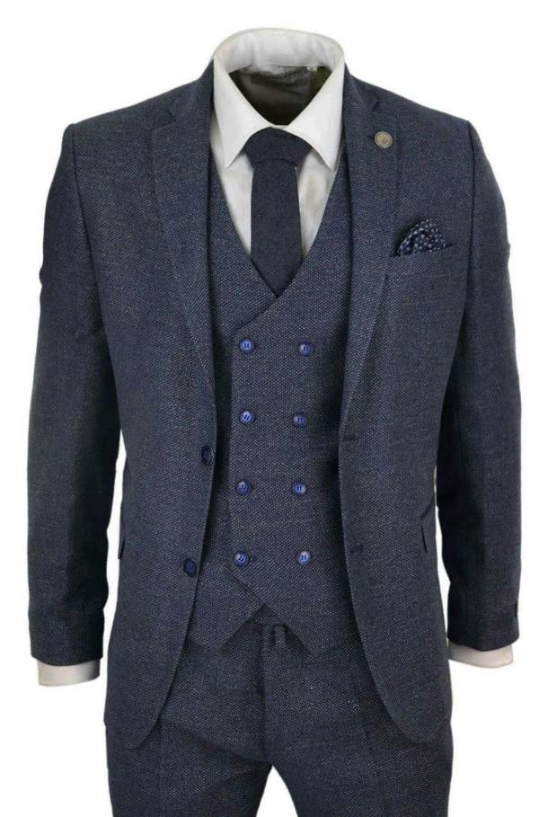 TruClothing Mens Blue Wool 3 Piece Suit Double Breasted Waistcoat Tweed Peaky Blinders 1920s