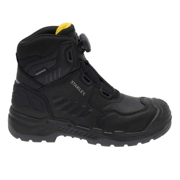 Stanley Michigan Mens Fitgo Lacing System Waterproof S7 Safety Boots, black boot with high ankle support, durable waterproof leather, rugged outsole, and quick-lace system.