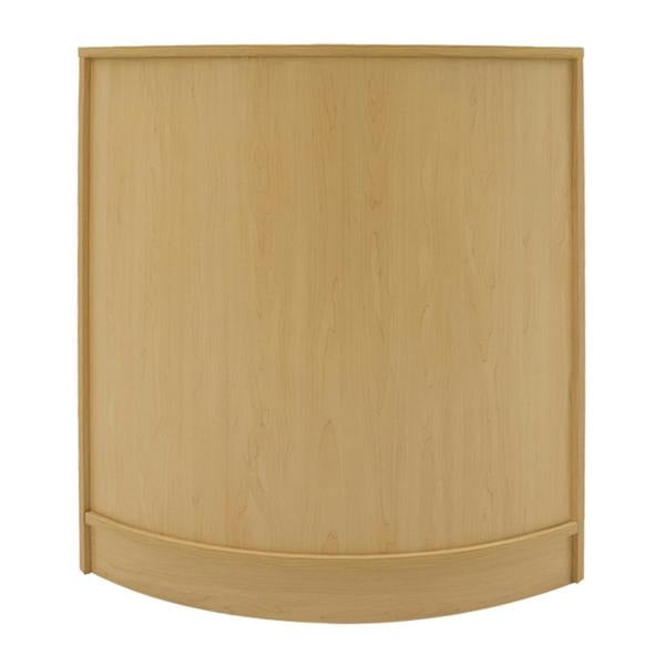 Curved maple counter with a smooth finish, designed for retail displays, featuring a sleek, modern aesthetic and sturdy construction