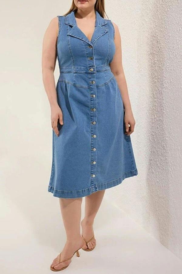 WOVCOR Jacket Collar A-line Comfort Denim Plus Size Dress