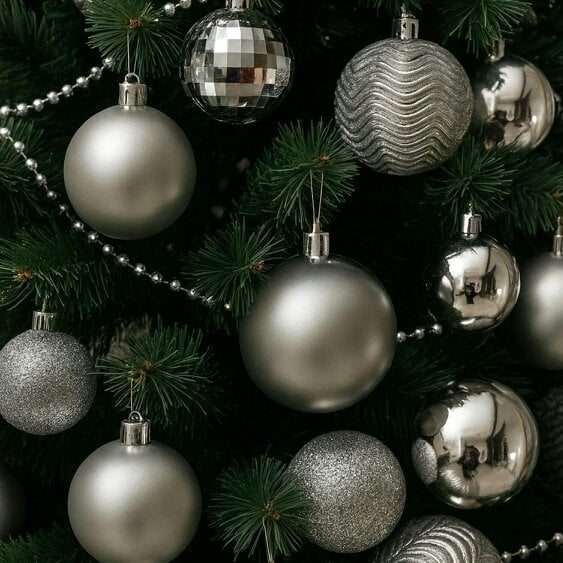 Neo Silver 36 Christmas Tree Ornaments Set Baubles Glitter Balls Holiday Festive Decorations Assorted Sizes Colours Home Party Décor