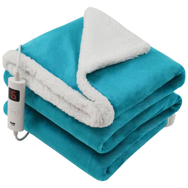 GlamHaus Heated Throw Electric Blanket 6 Heat and 3 Timer Auto Shut Off - Digital Control - Machine Washable - Light Blue