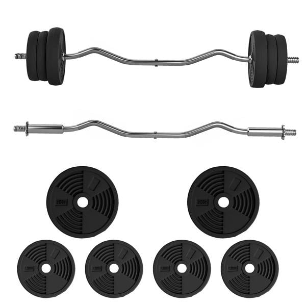 Black adjustable barbell set with curl bar, non-slip grips, and round weight plates