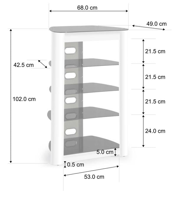Homeology ZINNIA 5-Tier Entertainment Media Stand Black Glass Shelves & White Facia Audio Rack Stylish Home Theater Storage