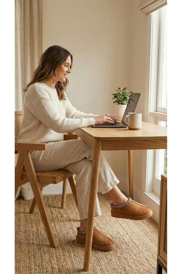 Ravina Chunky Slip On Suede Slippers With Stitch Detail - Chestnut