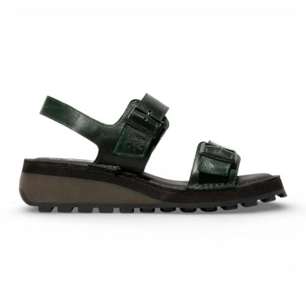 Fly London HEIF558FLY - Women’s Green Leather Wedge Buckle Sandals