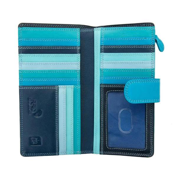 Blue bifold purse with multiple card slots on a white background