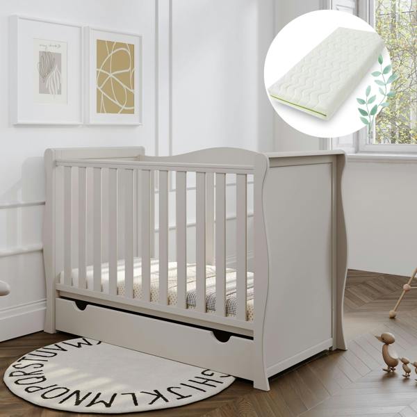 Viculii Willow Sleigh Mini Cot Bed Cashmere with Drawer and Bamboo Mattress