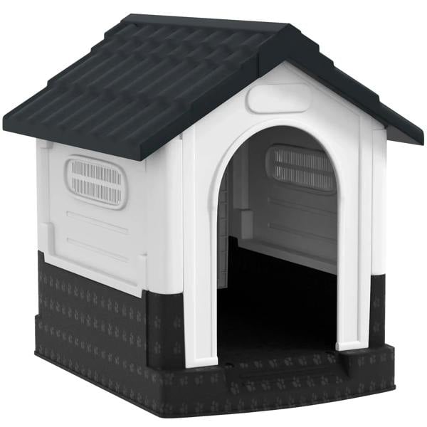 Grey and white plastic dog kennel with arched door, vents, and slanted roof