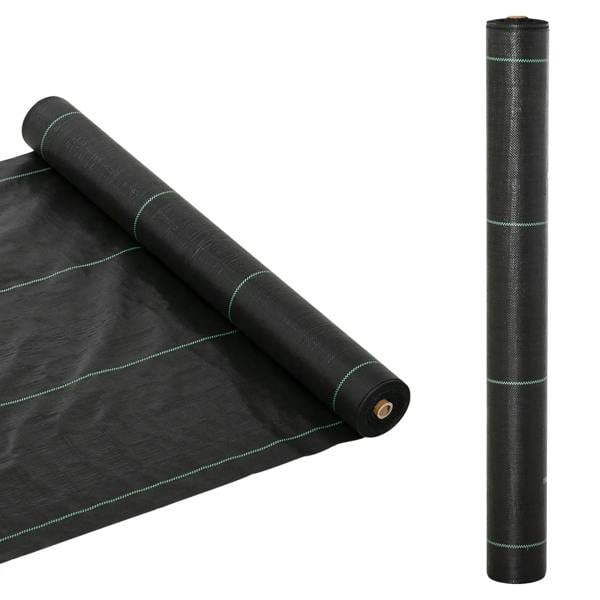 Black weed control membrane fabric roll with green guide lines
