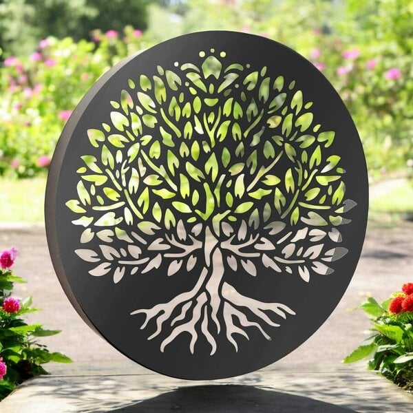 EDH Door Hardware Metal Tree of Life Solar Wall Panel – 40 x 40 x 5 CM | Solar-Powered Metal Wall Art | Weatherproof LED Outdoor Décor
