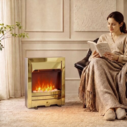 HOMCOM Electric Fireplace Stove Freestanding/Inset, 1000W/2000W - Gold Tone