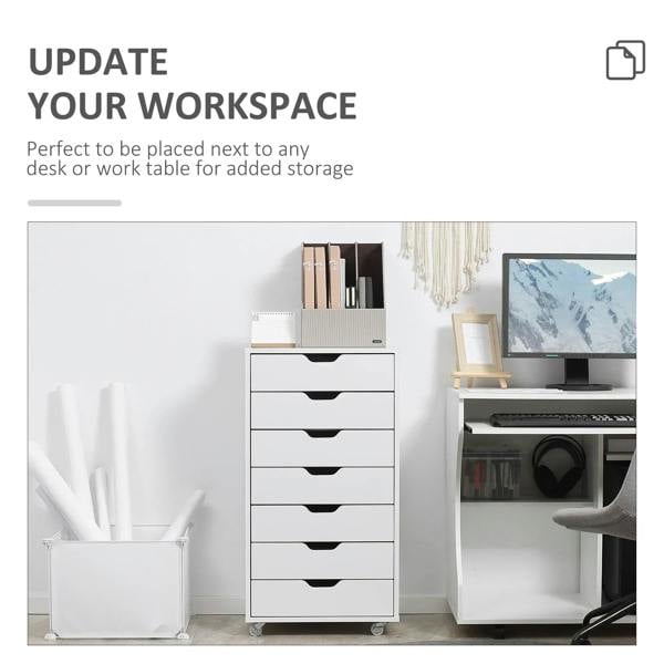 White seven-drawer filing cabinet with black pulls, placed beside a desk
