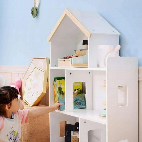 Bobobiy ZONEKIZ Three-Tier Toy Storage Shelf, Kids Bookcase, with Six Cubes, for Playroom, Bedroom - White