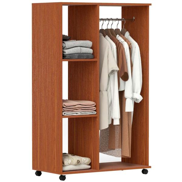 Walnut open wardrobe with hanging rail, three side shelves, and mobile frame