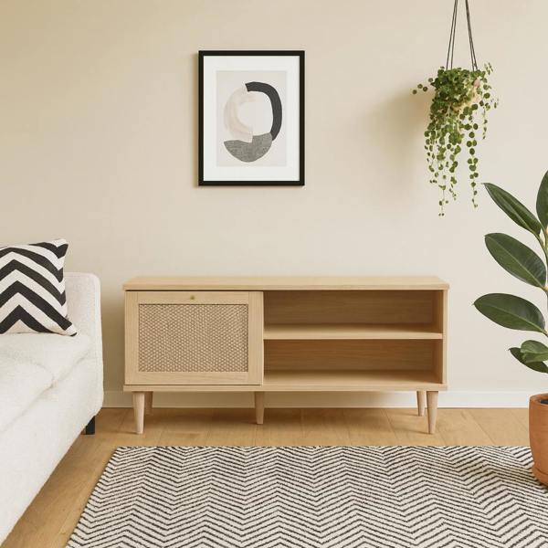 Wyld Haus Bergen Rattan TV Unit Natural Weave Detail 1 Door 2 Shelves