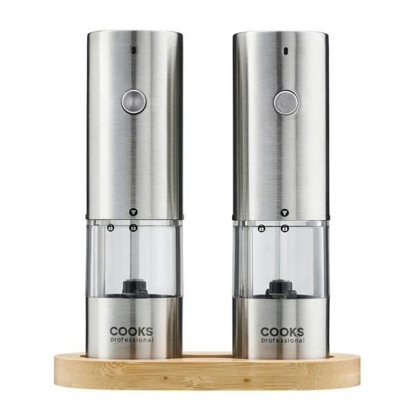 Cooks Professional Rechargeable Salt and Pepper Mill Set with Bamboo Base | Silver
