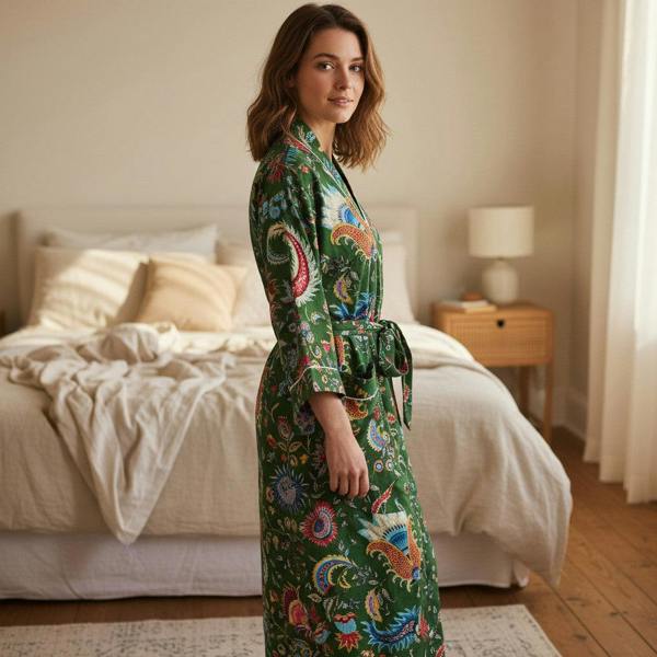 Hayley & Co Green Floral Block Print 100% Cotton Dressing Gown