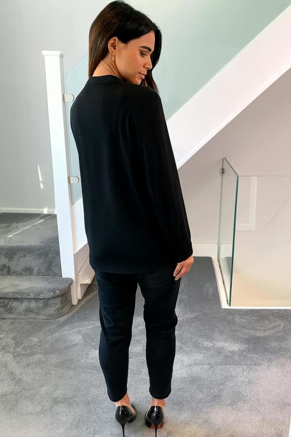 Hoxton Gal Oversized Detailed Neck Top with Long Sleeves in Black