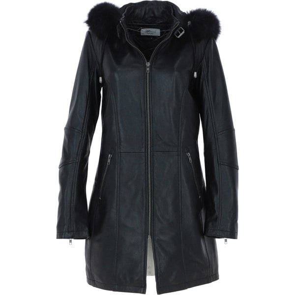 Women's Detachable Fur Hood 3/4 Leather Jacket Black: A-1947