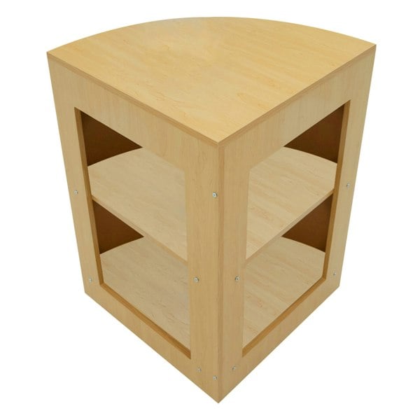 Maple Helios LED shop counter set featuring a curved top, two open shelves, and a smooth, light wood finish for modern displays