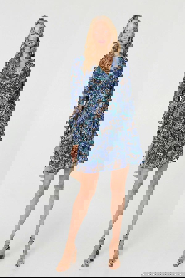 Blue | Printed Long Sleeve Pleated Short Dress
