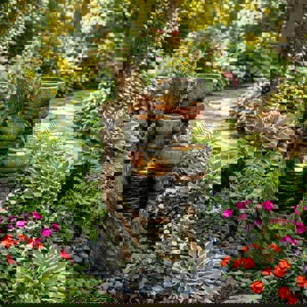 Rustic electric water feature with cascading stone bowls, textured bark, and vibrant flowers in a lush garden setting