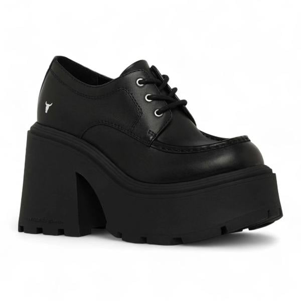 Windsorsmuth Starcrossed - Women's Black Leather Chunky Platform Shoes