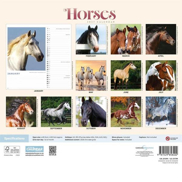 Horses Calendar 2027, Wall Calendars, Month To View, Animals, Gift