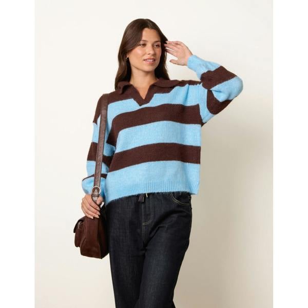 Blue Vanilla Polo Collar Striped Long Sleeve Jumper